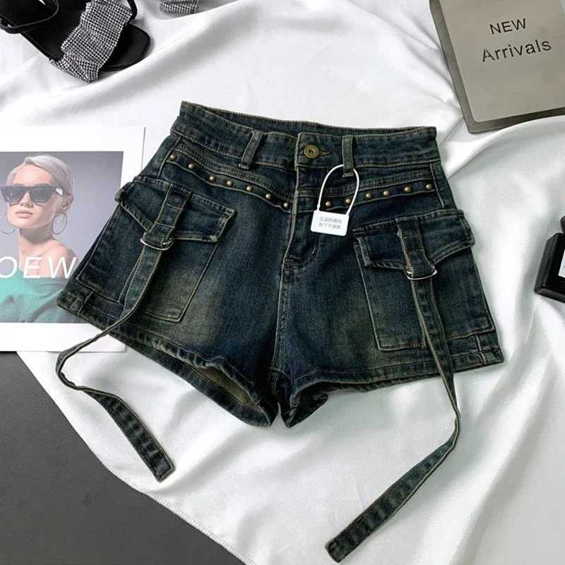Y2K 2000S Cargo Denim Shorts W - Leather Work Jeans ulasan dan harga